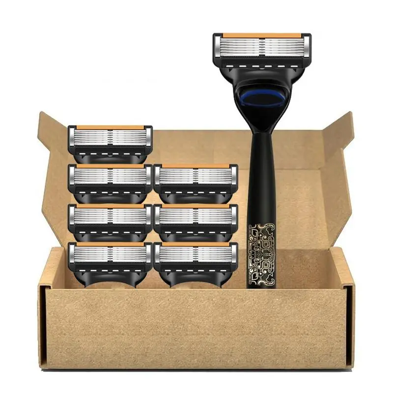 6-Layer Manual Razor with 8 Replacement Blades, 1 Set Safe & Skin Friendly Manual Shaver, Men's Shaving Tool for Daily Use