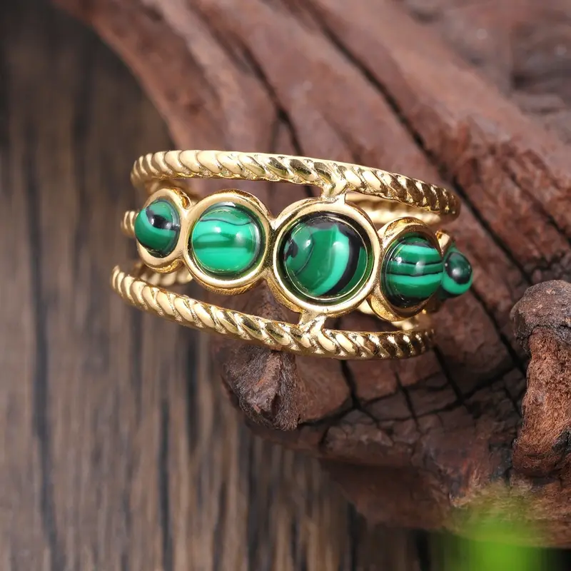 One Women Bohemian Simple Wide Face Geometric Inlaid Green Stone Open 304 Stainless Steel Ring Wide Face Hollow Design Suitable for Daily Prom Banquet Music Festival Holiday Jewelry Accessories Gifts 1