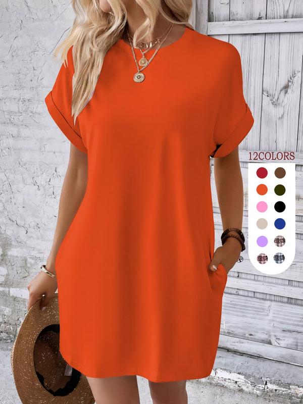 Women's Plain Pocket Round Neck Tunic Dress, The Red Dress, Summer Dresses 2024, Boho Batwing Sleeve Short Sleeve Dress, City Chic Dress UK, Holiday Dresses, Women's Clothing for Beach Vacation, Minimalistic Outfit, Wedding Guest Dress 7