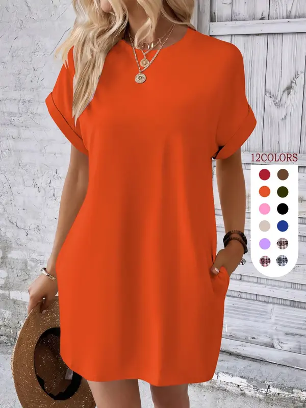 Women's Plain Pocket Round Neck Tunic Dress, The Red Dress, Summer Dresses 2024, Boho Batwing Sleeve Short Sleeve Dress, City Chic Dress UK, Holiday Dresses, Women's Clothing for Beach Vacation, Minimalistic Outfit, Wedding Guest Dress 7