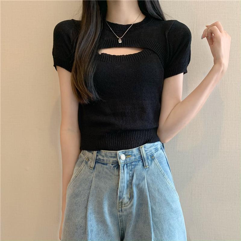 Product Introduction of Áo Len Dệt Kim Giả Hai Lớp, Thiết Kế Độc Đáo Sang Trọng Khoét Lỗ Áo Phông Ngắn Tay, Áo Ngắn Cô Gái Nóng Bỏng Mùa Hè, Phong Cách Instagram, Dành Cho Nữ, Bán Chạy Top Women Top Women 26