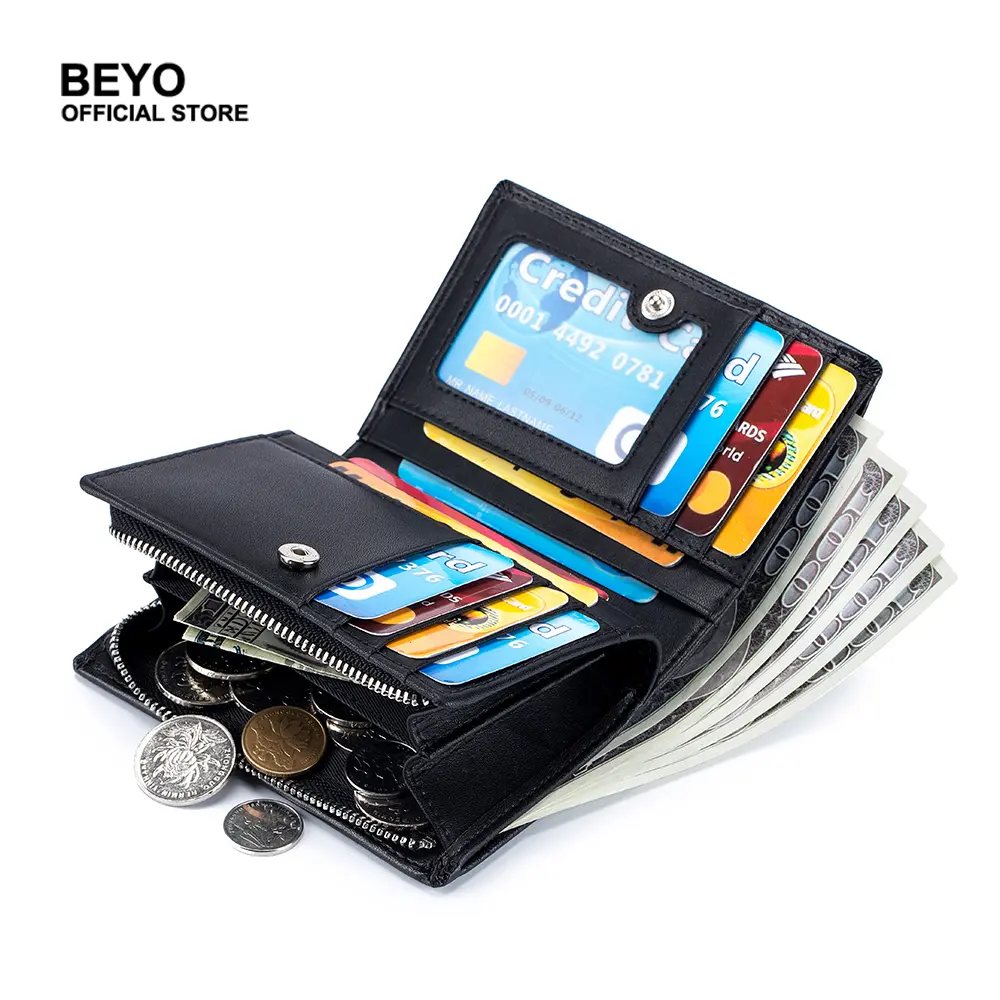 Genuine leather RFID Blocking Vertical Wallets with Zipper Coin Pocket for Men