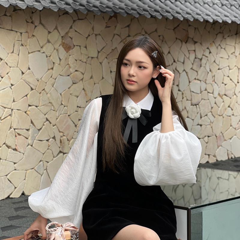 [ DV02T]Set 3 món Đầm nhung phối áo sơ mi tay bồng tiểu thư, gim hoa cài áo Dress