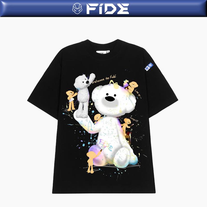 Áo thun FIDE ĐÍNH GẤU phông unisex form rộng local brand nam nữ cổ tròn oversize - AT64 (TẶNG KÈM GẤU) Menswear Kem Cotton