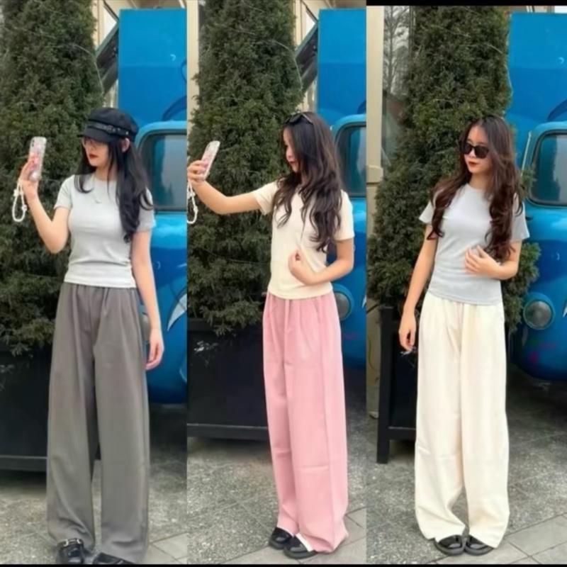 [COMBO 2 QUẦN] Quần Đũi Nhăn Ống Suông Nữ Dáng Rộng Cạp Chun Lưng Cao Có Túi Trước Pants 5