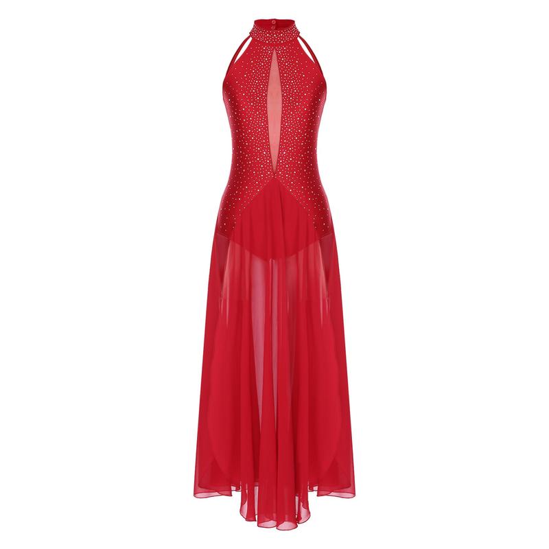 Jizyo Women Lyrical Dance Dress Halter Strappy Back Leotard Mesh Split Maxi Skirt Modern Dance Costume 4