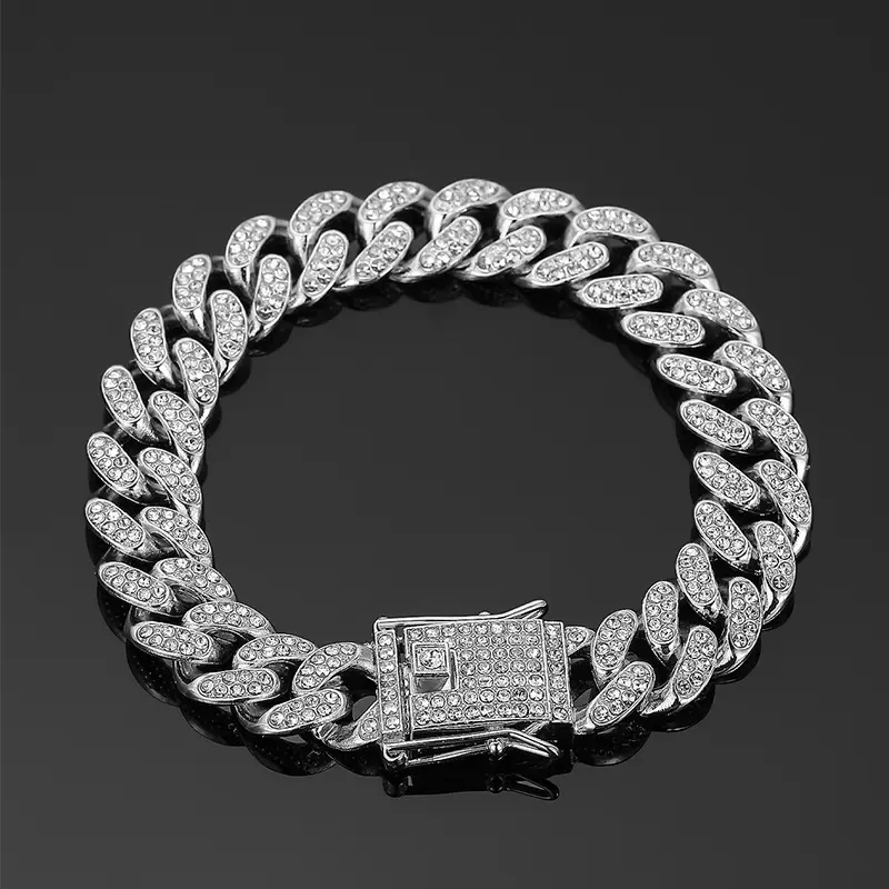 ￼Cuban Vòng tay mạ vàng kim 14K đính đá kim cương lấp lánh rộng 13mm phong cách hip hop thời trang cho nam