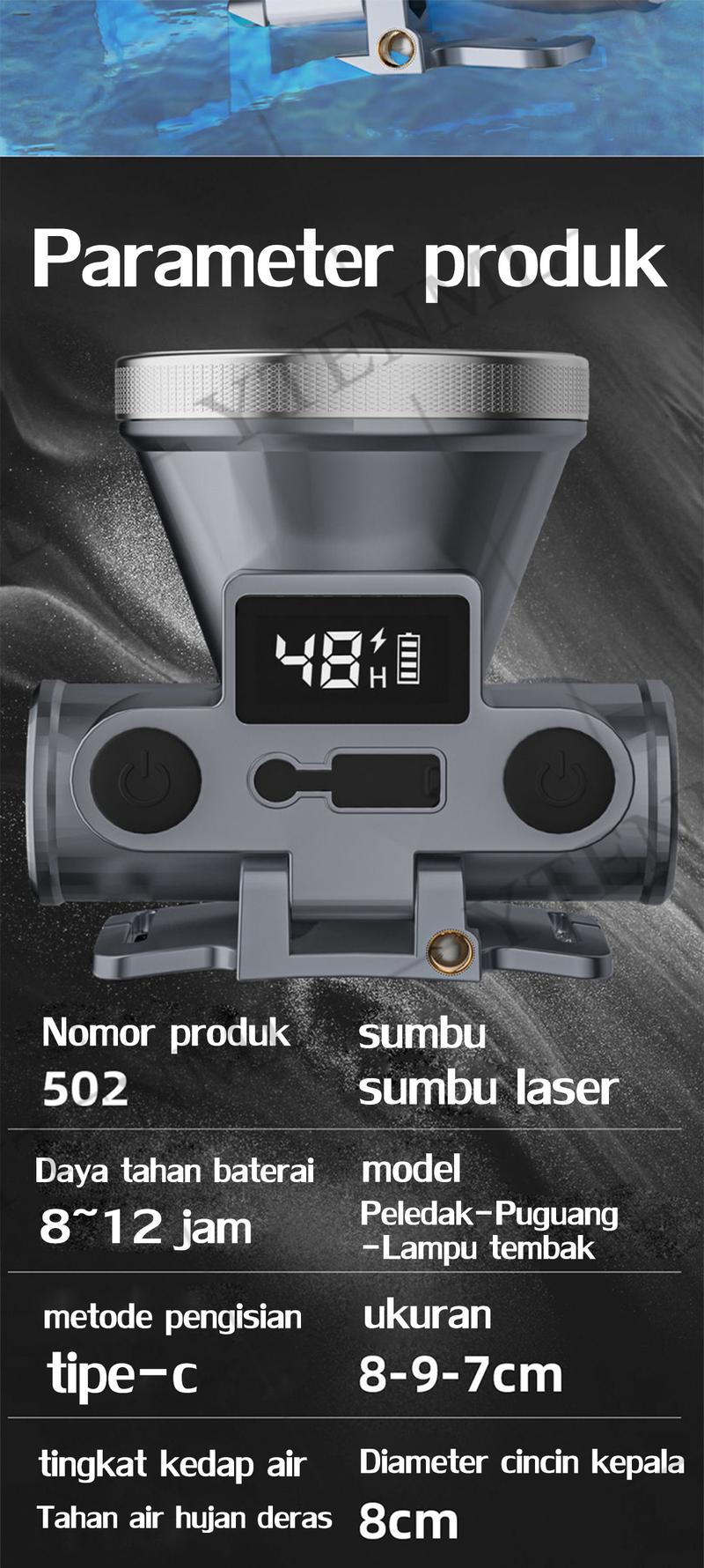 Product Introduction of 500W Senter Kepala 30 hari tanpa pengisian daya Senter Kepala Super Terang Senter kepala led super terang Super Terang Outdoor Anti Air lampu emergency tahan 24 jam Baterai 16
