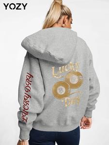 YOZY Women's Letter Print Sleeve Slogan Hoodie, Fashion Casual Hooded Sweatshirt for Daily Holiday Outdoor Wear, Ladies Clothes for Fall & Winter