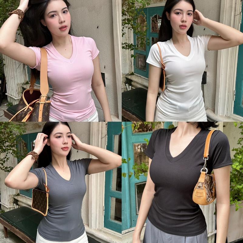 Áo Thun Nữ Cổ Tim Tay Ngắn Basic Ôm Body Vải Thun Gân Tăm Lạnh Mềm Mịn