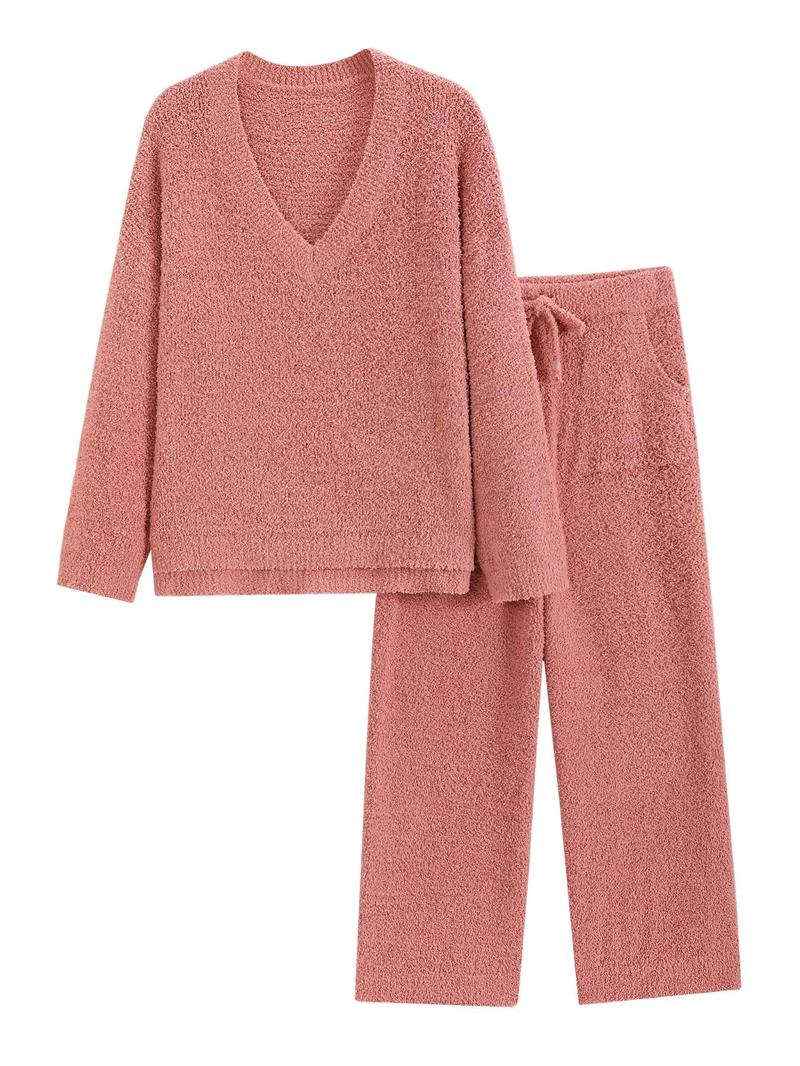 Product Introduction of 【COZY PAJAMA SET】Women's Solid High Low Split Hem Top & Pocket Pants Plush Pyjama Set, Casual Long Sleeve V Neck Top & Drawstring Trousers PJ Set, Women's Fluffy Pajamas for Fall & Winter, Glam Lounge Wear 2