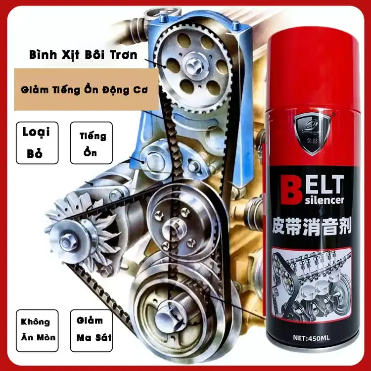 Chai Xịt Bảo Dưỡng Dây Curoa, Gioăng cao su Belt Silencer Chính Hãng Phục Hồi Dây Đai Cao Su 450ml