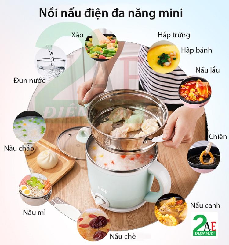 Nồi lẩu điện mini, nồi nấu điện đa năng mini 2L, kèm xửng hấp, đế cắm điện rời Nồi Điện Inox Nấu Ăn n ồ i _ l ẩ u đ a