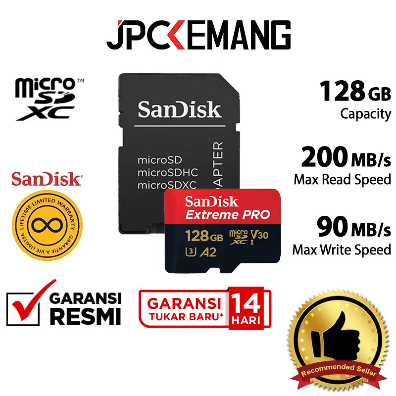 Sandisk MicroSD Extreme Pro 128GB 200MB/s Micro SD 128 MicroSDXC Memory Card HP Garansi Resmi