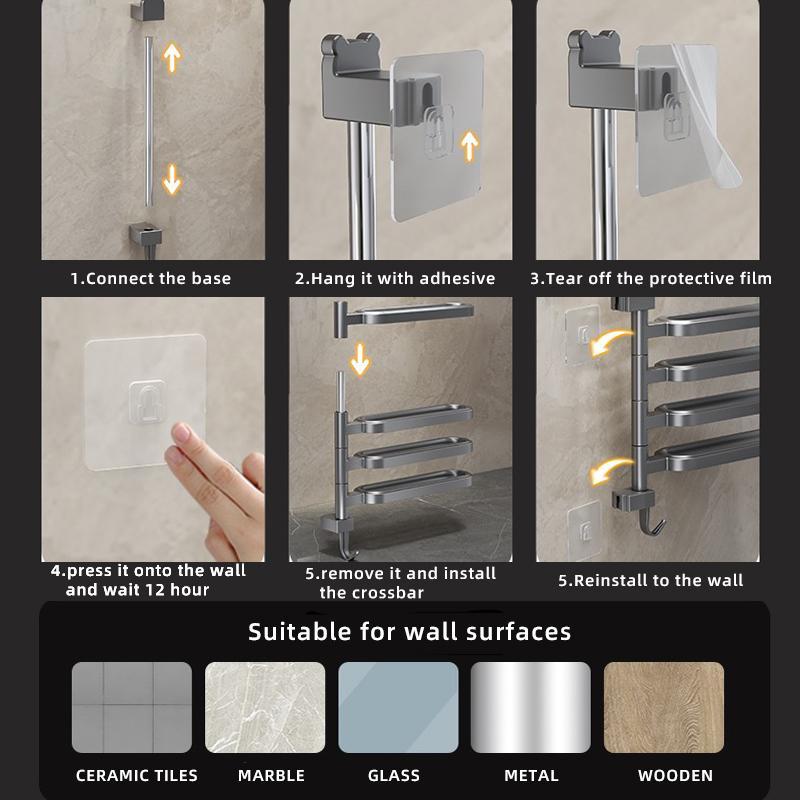 Product Introduction of Wall Mounted Towel Rack, 1 Count Multi Layer Punch Free Towel Holder with Hook, 180 Degree Rotatable Towel Storage Rack, Home Organizer for Bathroom 5