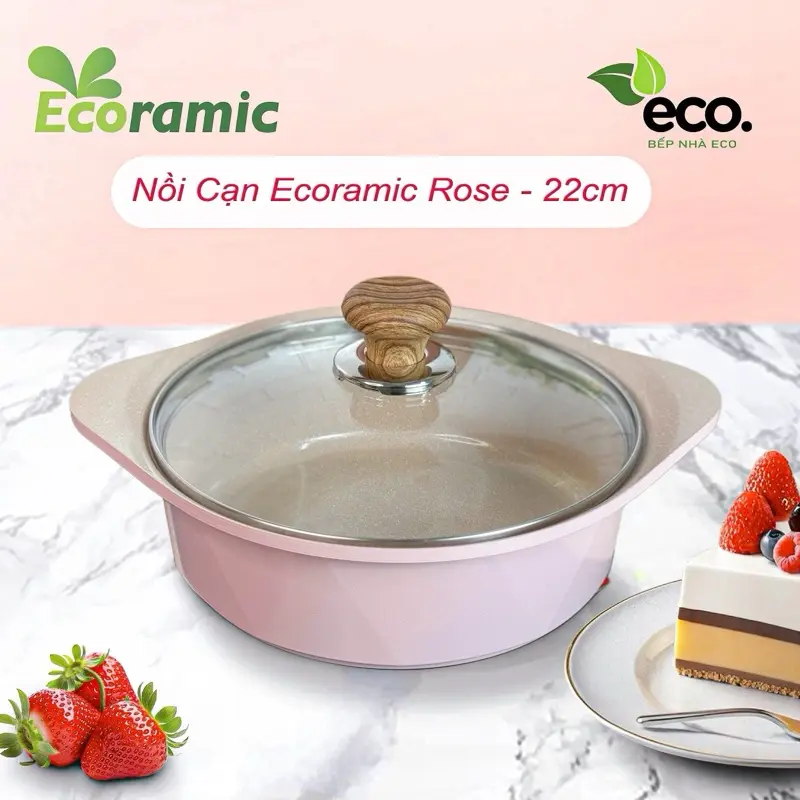 Nồi Cạn Chống Dính Ecoramic Rose - Kích thước 22cm, 5 lớp chống dính, Dùng Cho Mọi Bếp