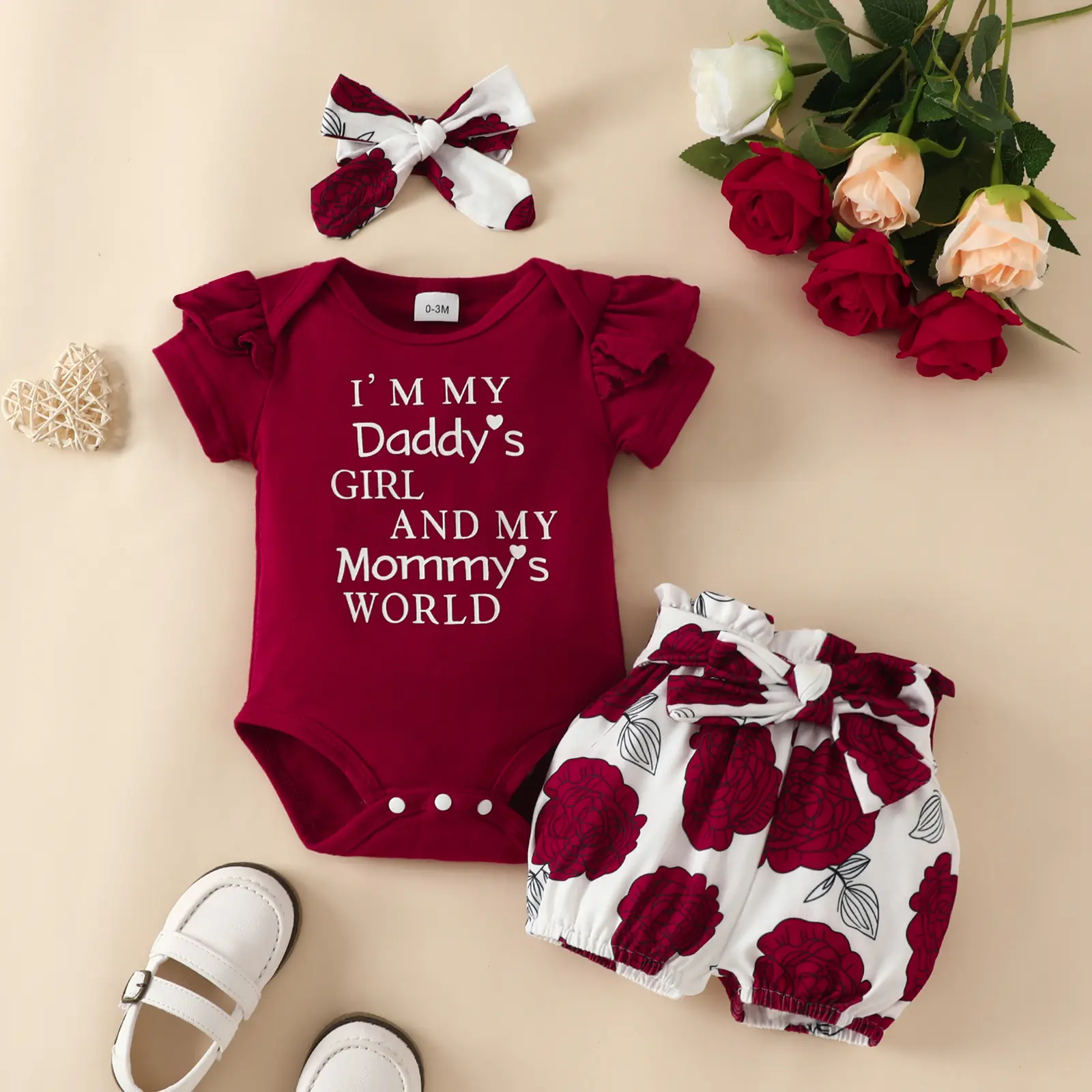 Infant Baby Girls Clothes Set Letter Print Short Sleeve Crew Neck Romper Floral Print Shorts Headband 3Pcs Summer Set