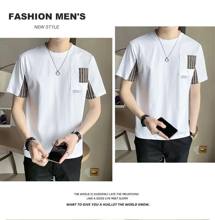 Product Introduction of Summer Men's Striped Stitching Short-Sleeved T-shirt Men's Fashion Brand Summer Pocket round Neck Half-Sleeved T-shirt Trendy Loose Top T Menswear Lingerie 5