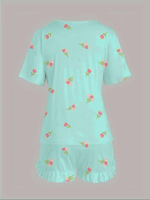 【Plus Size】 Floral Print Short Sleeve Tee & Ruffle Trim Shorts Pyjama Set, Pyjamas for Women, Round Neck T-shirt & Elastic Waist Shorts Pj Set, Women's Sleepwear for Spring & Fall, Women Nightwear, Lounge Set for Women, Pajama Sets Women, Pajamas 4