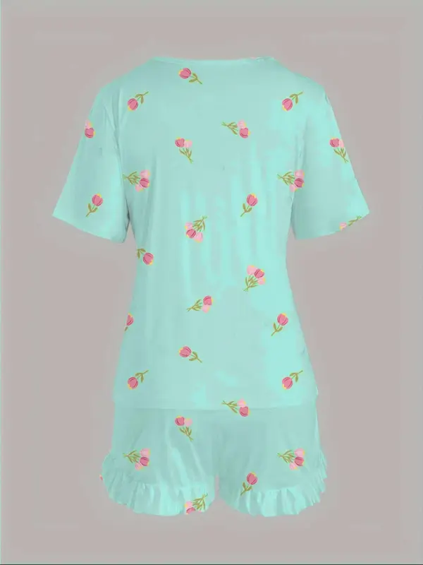 【Plus Size】 Floral Print Short Sleeve Tee & Ruffle Trim Shorts Pyjama Set, Pyjamas for Women, Round Neck T-shirt & Elastic Waist Shorts Pj Set, Women's Sleepwear for Spring & Fall, Women Nightwear, Lounge Set for Women, Pajama Sets Women, Pajamas 4