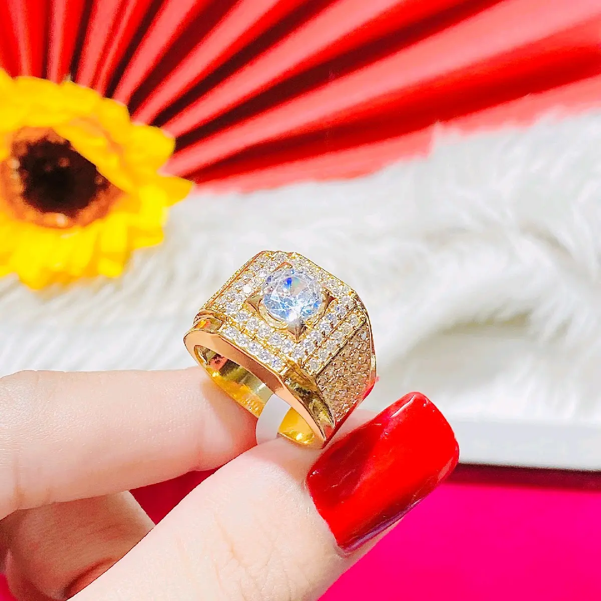Nhẫn đính đá cao cấp N350 kim cương giả mạ vàng cho Nam