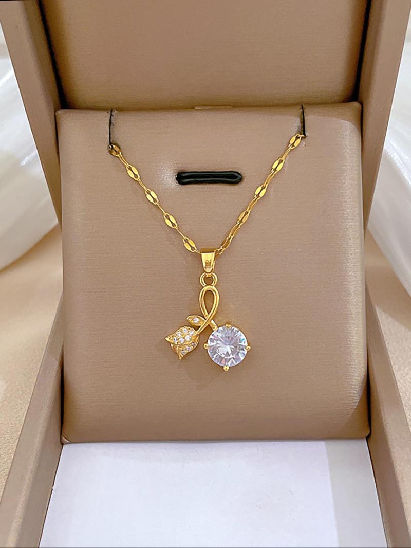 Product Introduction of Artificial Zircon Rose Design Pendant Necklace, Elegant Charm Necklace for Women for Party, Daily, Trendy All-match Jewelry for Birthday Gift 0