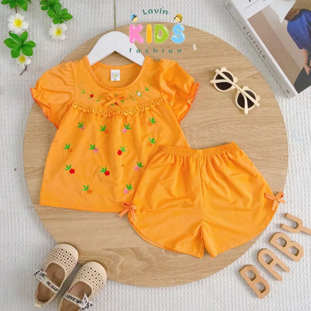 Đồ bộ thun lạnh tay đùi thêu hoa cho bé gái size 6-22kg