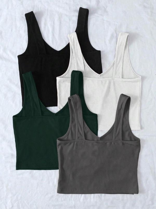 Women's Solid V Neck Crop Tank Top, Summer Clothes for Girls Women, Casual Sleeveless Ribbed Top for Summer, Ladies Clothes for Daily Wear 1
