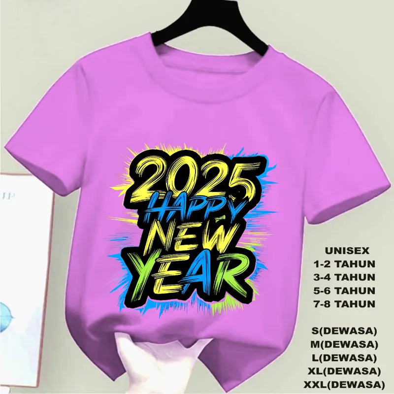 KAOS HAPPY NEW YEAR 2025 TULISAN DTF, KAOS ANAK ANAK, KAOS DEWASA UNISEX , KAOS OBLONG 6