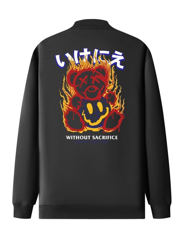 Men's Cartoon Bear & Fire & Letter Print Pocket Zip Up Bomber Jacket, Regular Fit Casual Long Sleeve Mock Neck Outerwear for Fall & Winter, Men's Clothes for Daily Wear 1
