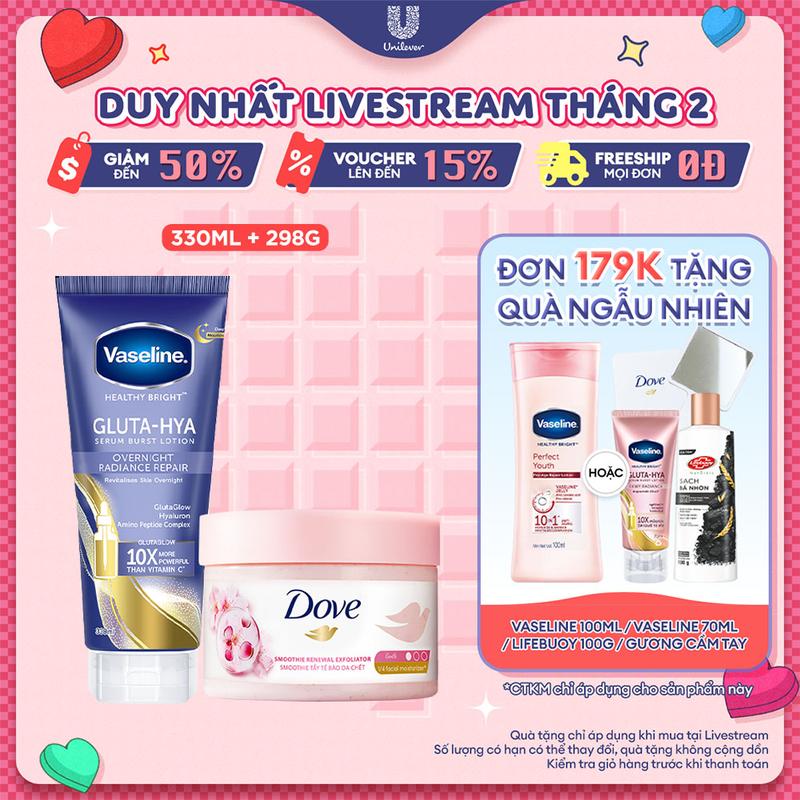 Combo 1 Mặt nạ dưỡng thể Vaseline Gluta-Hya cấp ẩm 330ml và Tẩy Da Chết Dove 298g [1]