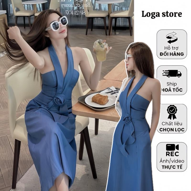 Váy denim hoa ngực cổ yếm, đầm jean cúp ngực đính hoa_ L482