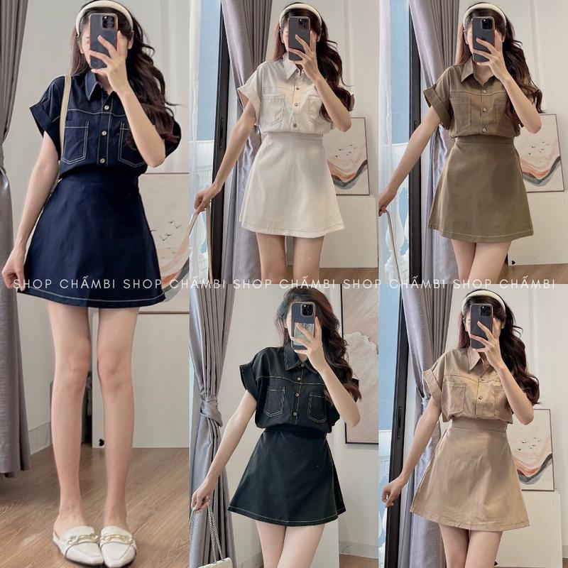 Set đồ đi chơi S.184, Set áo sơ mi cổ đức tay gập gấu kèm chân váy chữ A dáng ngắn có chun sau - Shop Chấm Bi