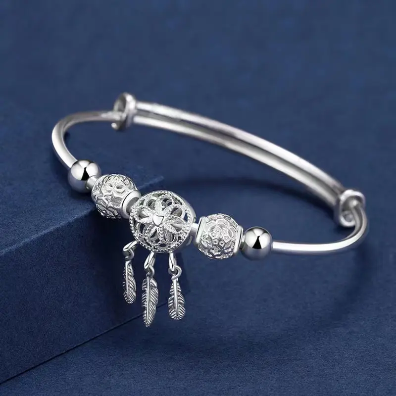 Adjustable size 925 Silver Color Bangle cuff Dreamcatcher Tassel Feather Round Bead Charm Bracelet jewelry For Women wedding