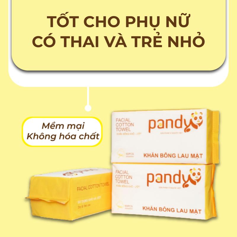 Product Introduction of Khăn khô đa năng cho bé PANDY vải cotton mềm 2 mặt, dùng 1 lần bịch 60 khăn rút, không mùi không paraben 1