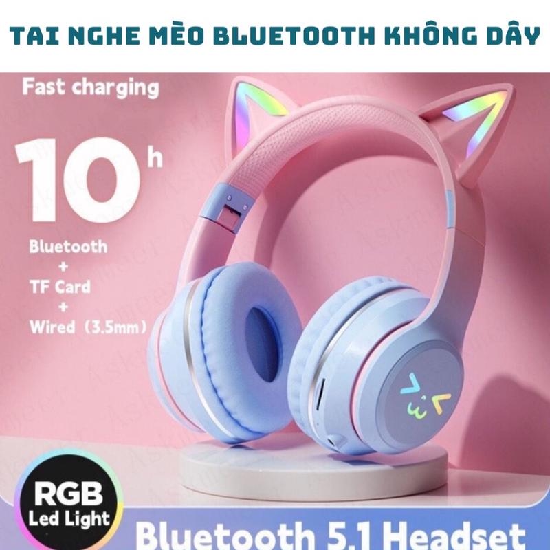 ￼[MẪU MỚI 2024] Tai Nghe Mèo Chụp Tai Bluetooth,Tai Nghe Chơi Game Học Online Headphone Có Đèn Led