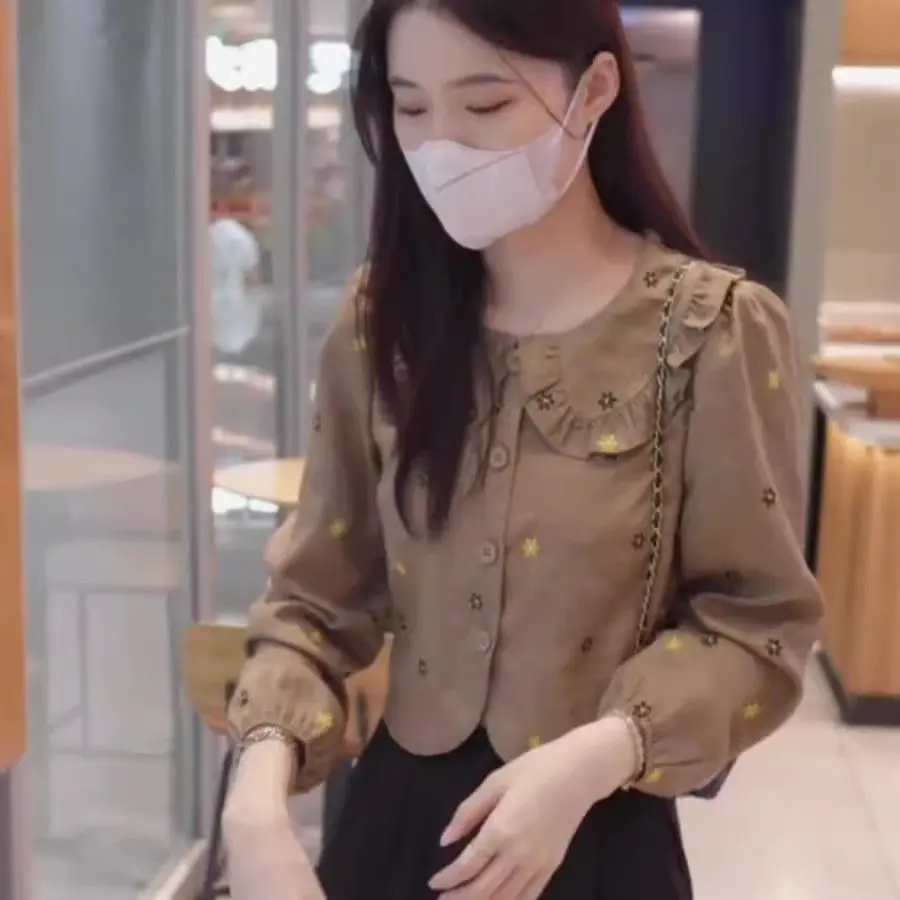 Áo Sơ Mi Hoa, Dành Cho Nữ, Cổ Búp Bê Dây Selvedge, Phong Cách Cổ Điển Mùa Thu Mới, Áo Cardigan Vải Nhung Kẻ, Áo Ngắn Tay Women Top