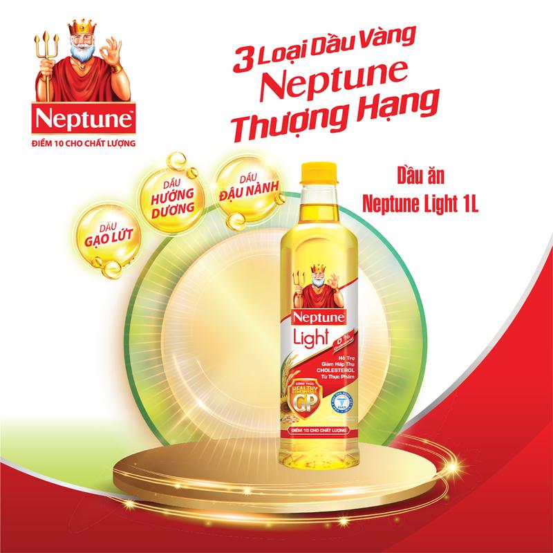 Dầu ăn Neptune Light 1L, loại thượng hạng - Giảm cholesterol xấu (LDL) - Gamma-Oryzanol & Phytosterol
