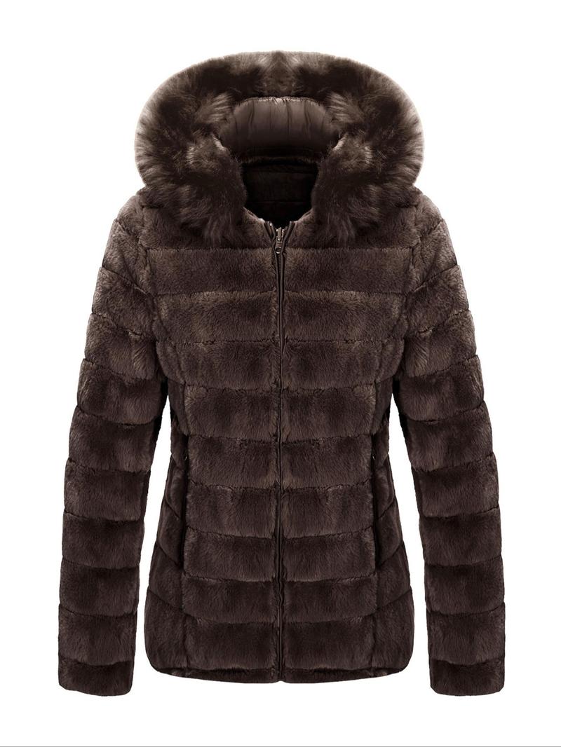 Product Introduction of Women's Solid Color Contrast Faux Fur Reversible Hooded Jacket, Casual Warm Long Sleeve Drawstring Quilted Coat for Fall & Winter, Women's Clothing for Daily Wear 7