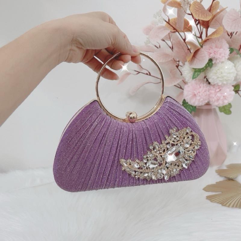 Túi xách tay trung niên dự tiệc kim sa lấp lánh quai kiềng làm sui sang trọng 061 - ảnh thật Bag Nữ Nhung Kem Da