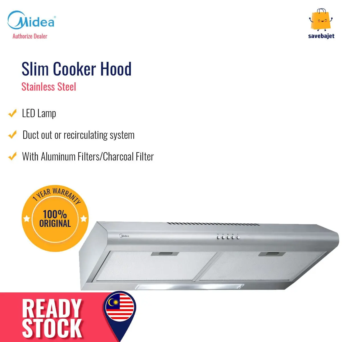 Midea Slim Cooker Hood (76cm) MCH-76MSS Penyedut Asap Dapur Stainless Steel