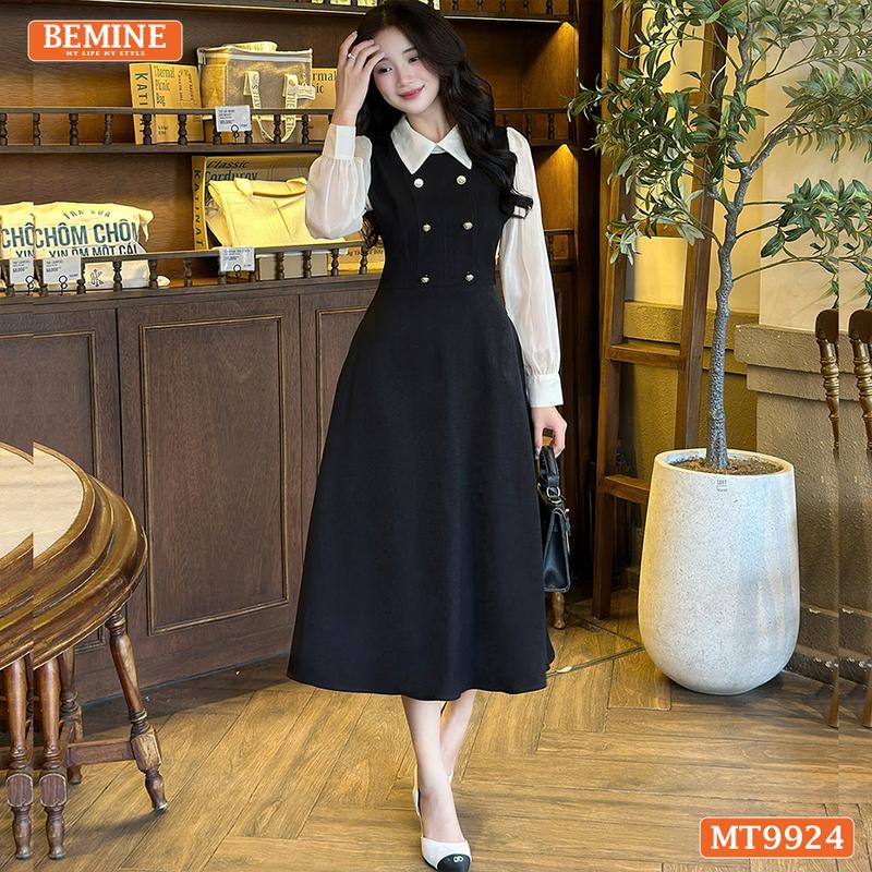 Đầm thiết kế BEMINE cổ đức dáng chữ A tay dài phối voan có cúc phù hợp đi làm, đi chơi dành cho Nữ -MT9924