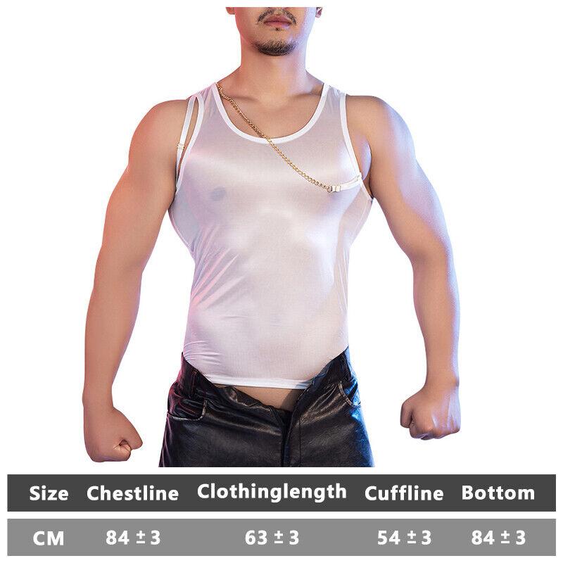 Men Tight Metal Chain Tank Top Silky Fitness Slim Top See Through Workout Vest 3