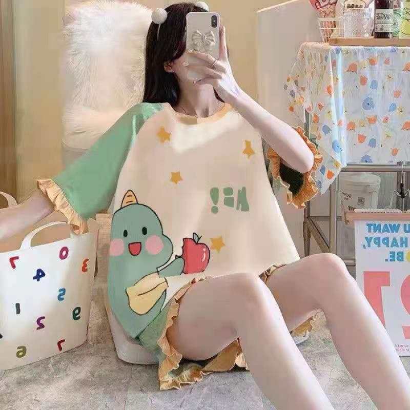 Product Introduction of Bộ Đồ Ngủ Nữ, Phong Cách Mùa Hè, Với Đệm Ngực Tích Hợp, Thiết Kế Hoạt Hình, Làm Bằng Cotton Nguyên Chất, Quần Áo Dễ Thương, Thích Hợp Mặc Nhà, Màu Bạc Nước, ngắn Tay Mỏng, Cổ Tròn Women Top 23