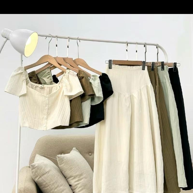 Sét áo kiểu mix chân váy xoè dáng dài chất đũi gân - Shopgaoxinh - Women, Nữ 1