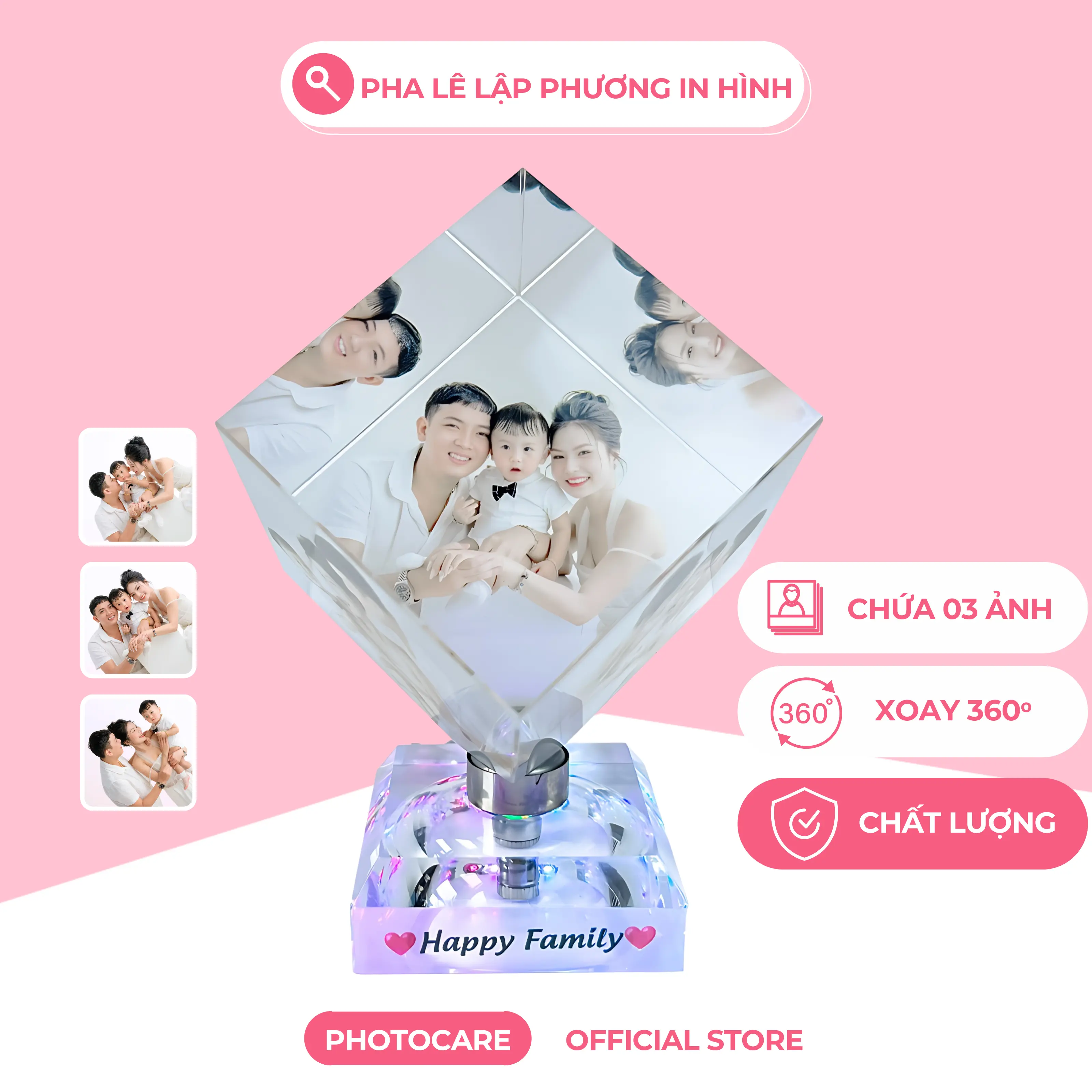 Pha lê lập phương in hình theo yêu cầu, quả cầu pha lê xoay 360 độ có đèn led, chất liệu cao cấp phù hợp làm quà tặng