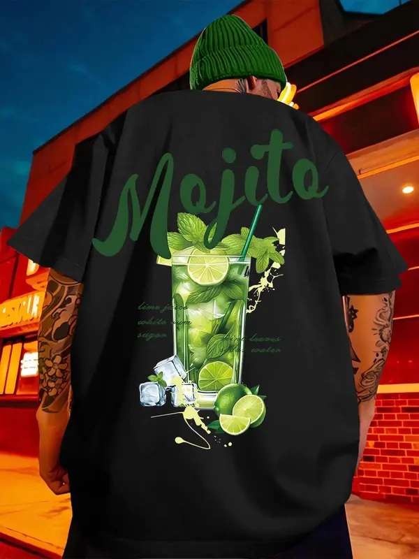 Men's Mojito Cocktail Print Round Neck Tee, Regular Fit Casual Short Sleeve T-shirt, Men's Summer Top for Daily Wear, Tropical 4