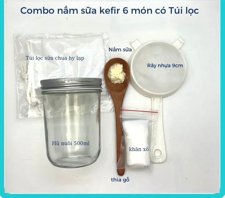 Combo nấm sữa kefir làm sữa chua 6 món có TÚI LỌC SỮA CHUA HY LẠP 0