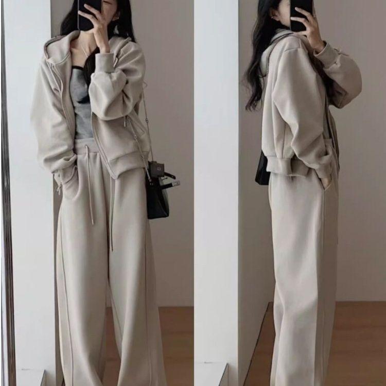 Bộ Đồ Thể Thao Áo Nỉ Thường Ngày Mùa Đông, Hàng Mới Về, Thời Trang Nữ, Phong Cách Hồng Kông, Mỏng Vừa Vặn, Trẻ Trung, Quần Ống Rộng, Có Mũ Trùm Đầu, Thích Hợp Để Chạy Bộ, Hai Mảnh 2