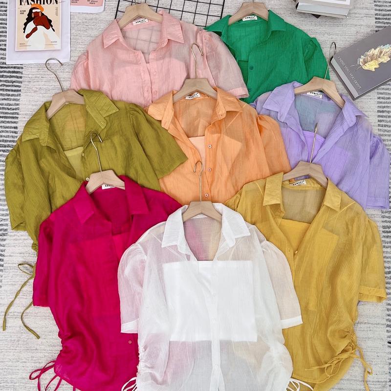 Áo Sơ Mi Nữ Rút Dây Voan Giấy Mền Mỏng Nhẹ Kèm Áo Ống 2 Dây Phong Cách Hàn Quốc